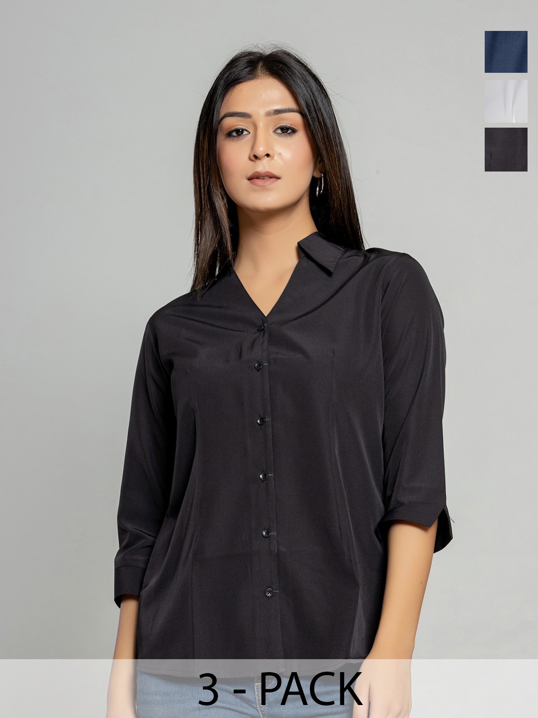 

Aanys Culture Women Pack Of 3 Solid Casual Shirt, Navy blue