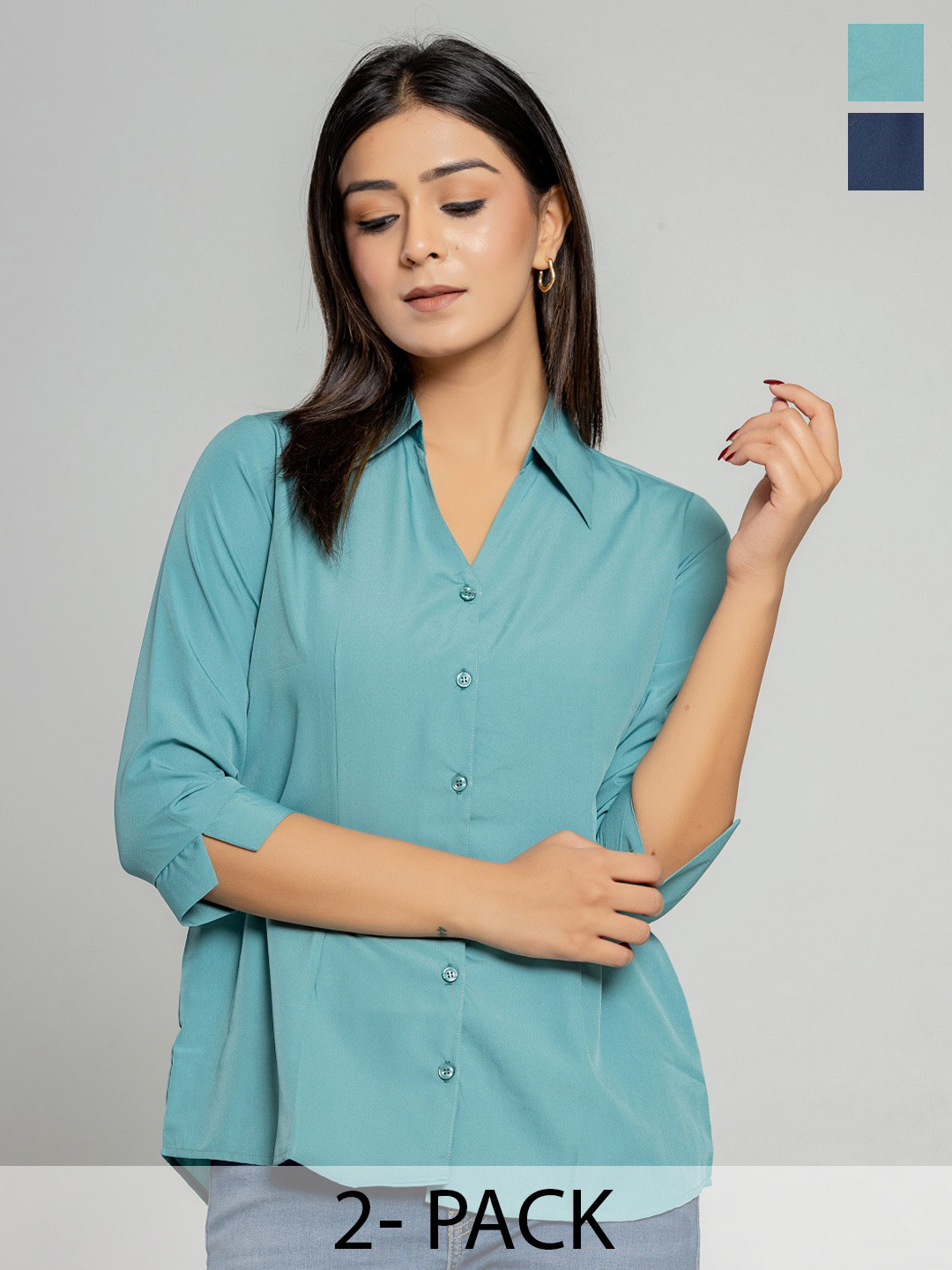 

Aanys Culture Pack of 2 Women Solid Cutaway Collar Casual Shirts, Navy blue
