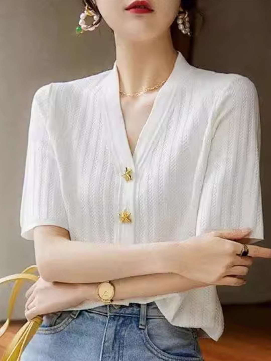 

StyleCast V-Neck Self Design Top, White