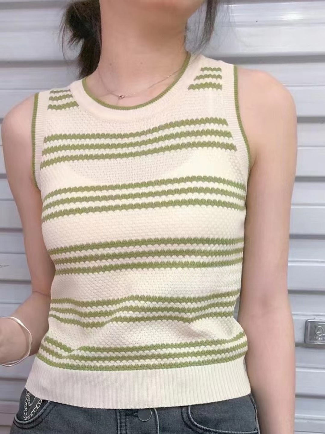 

StyleCast Striped Round Neck Sleeveless Top, Beige