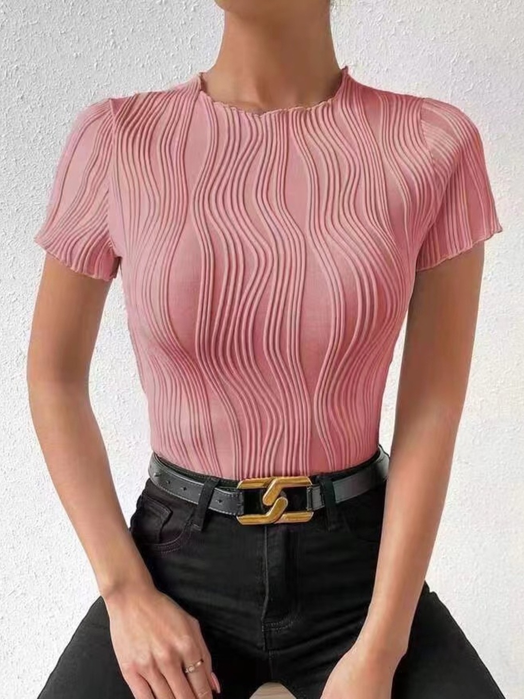 

StyleCast Round Neck Self Design Top, Pink