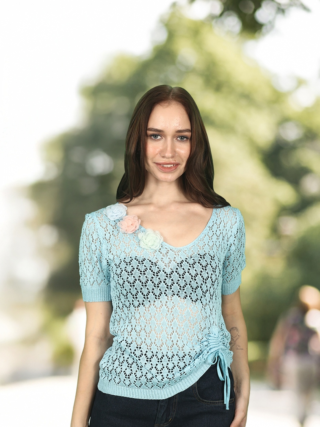 

StyleCast Women Self Design Scoop Neck Schiffli Top, Blue
