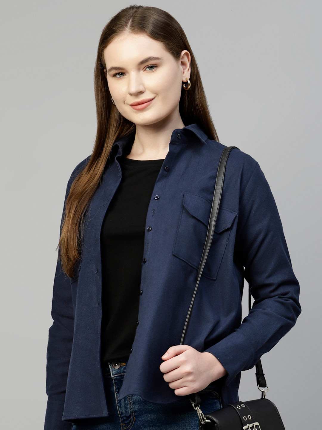 

Hancock Women Relaxed Fit Solid Flannel Twill Pure Cotton Casual Shacket, Navy blue