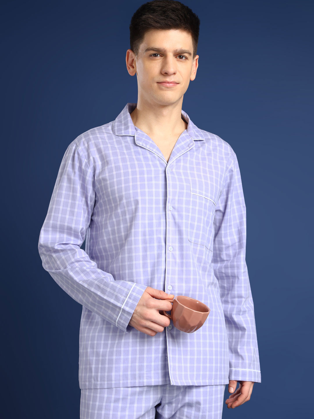 

Hancock Men Checked Lapel Collar Pure Cotton Night suit, Lavender