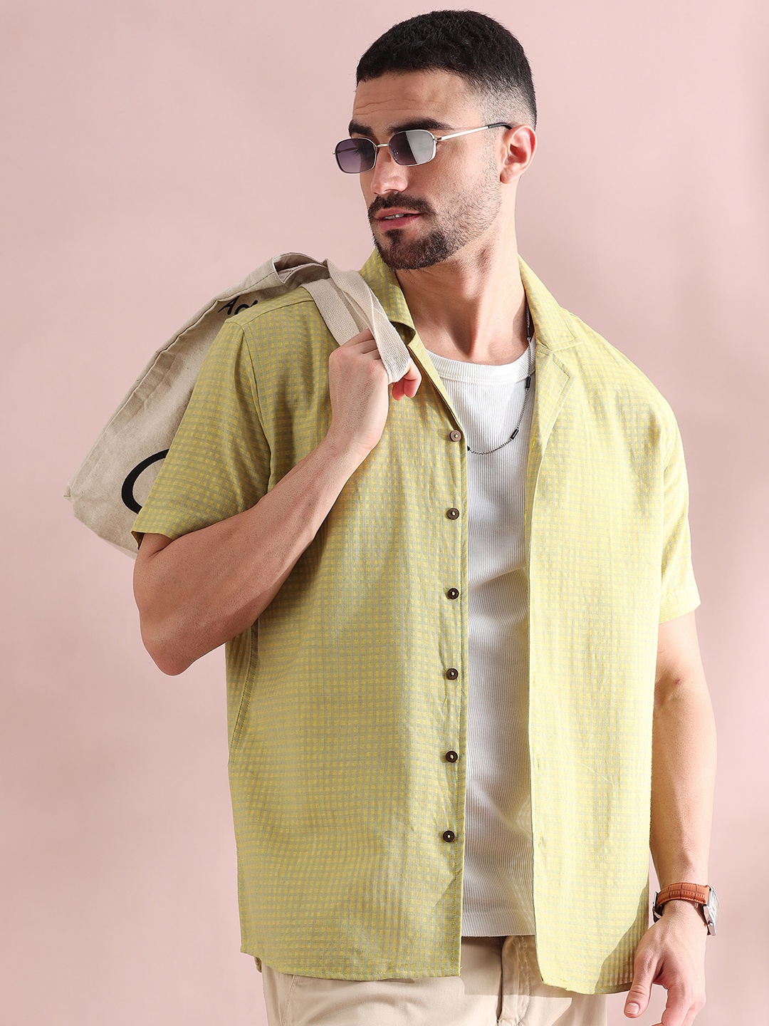 

FILORI Men Comfort Cuban Collar Micro Checked Cotton Casual Shirt, Green
