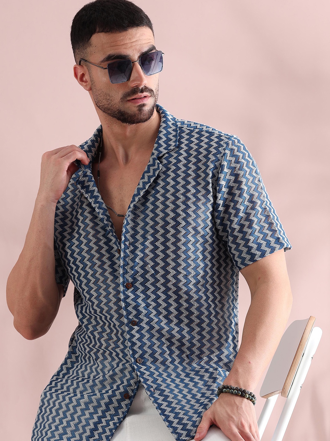 

FILORI Men Comfort Cuban Collar Chevron Printed Polycotton Casual Shirt, Blue