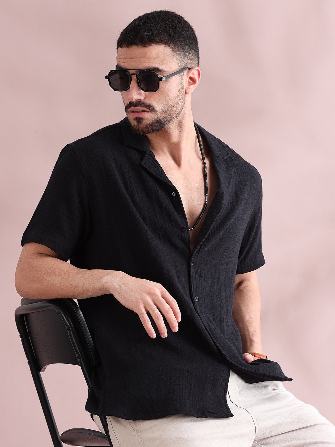 

FILORI Men Comfort Cuban Collar Solid Cotton Casual Shirt, Black