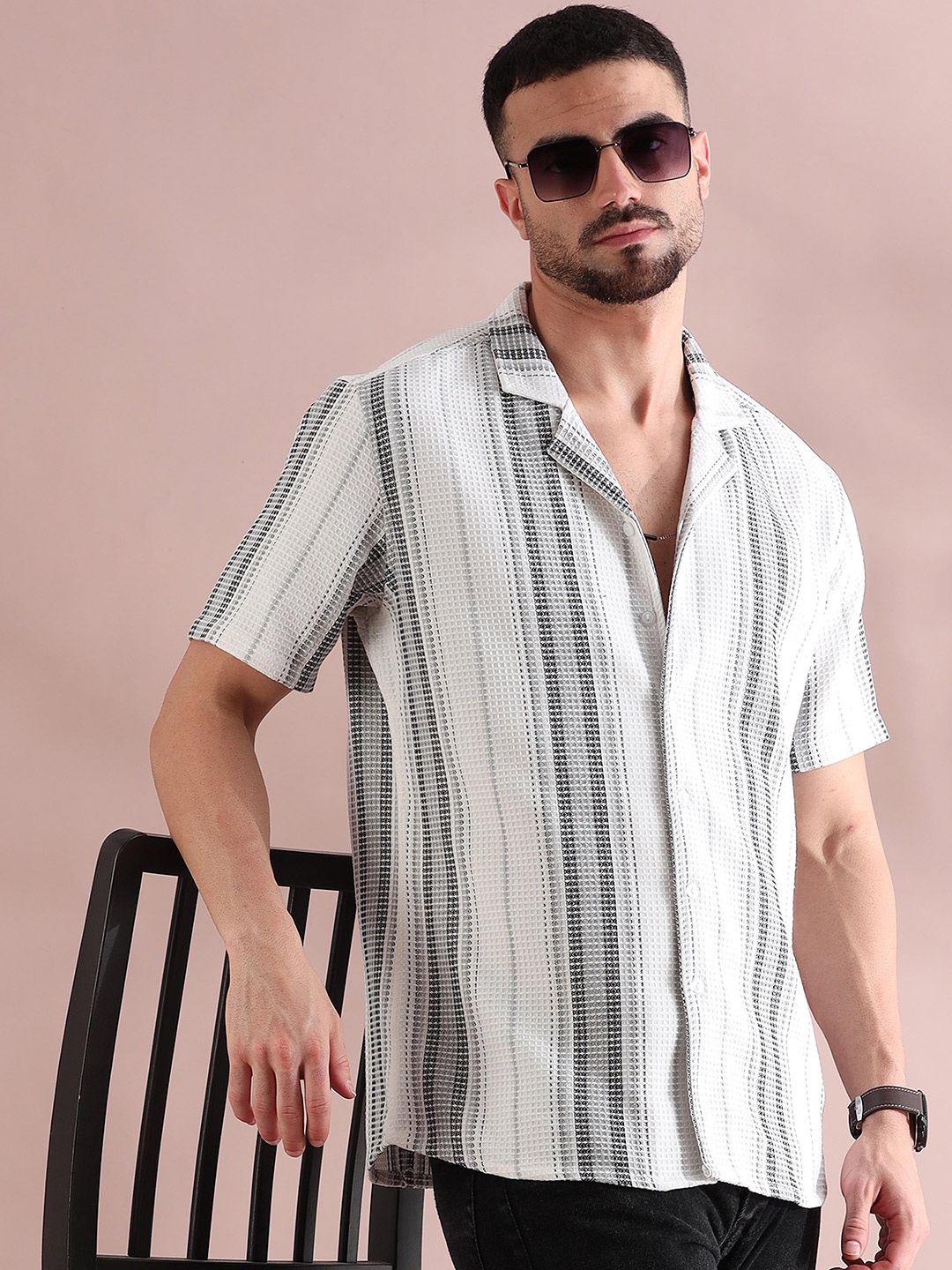 

FILORI Men Comfort Cuban Collar Striped Casual Shirt, White