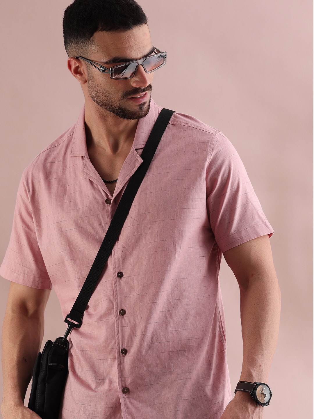 

FILORI Men Self Design Checked Cotton Casual Shirt, Pink