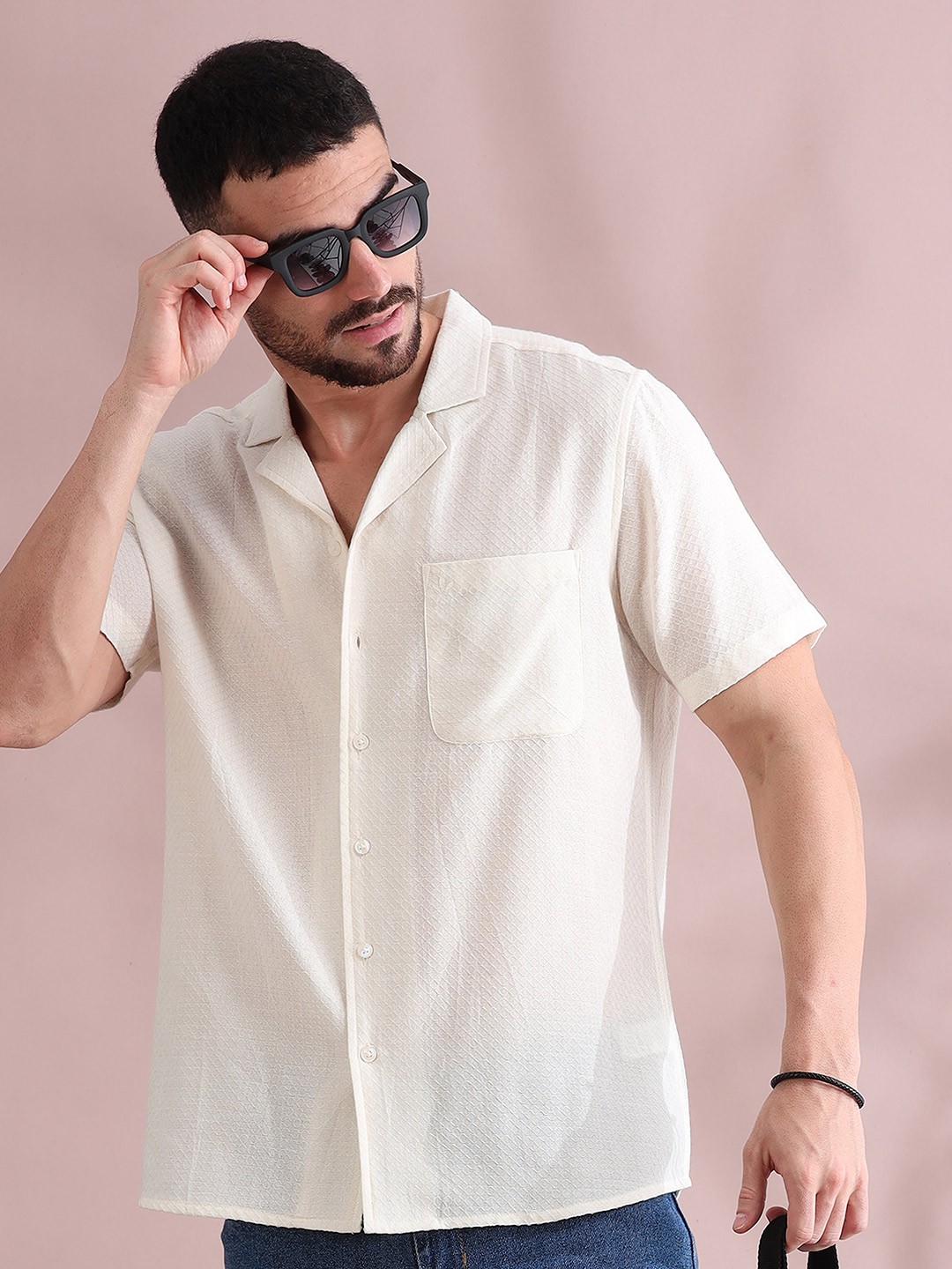 

FILORI Men Comfort Cuban Collar Textured Cotton Casual Shirt, White
