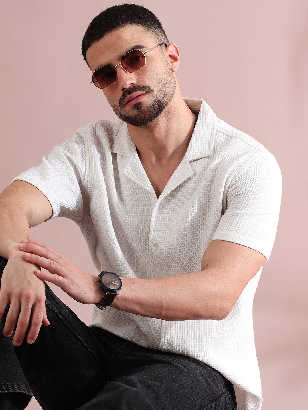 

FILORI Men Comfort Cuban Collar Textured Cotton Casual Shirt, White