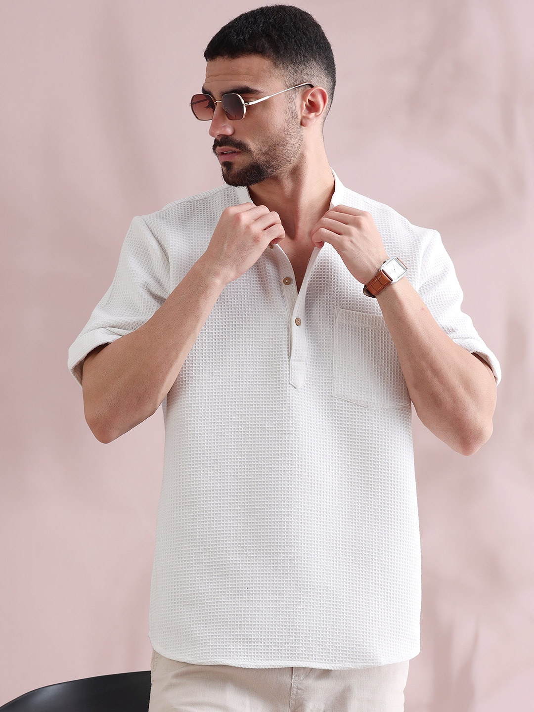 

FILORI Checked Woven Design Band Collar Pure Cotton Straight Short Kurta, White