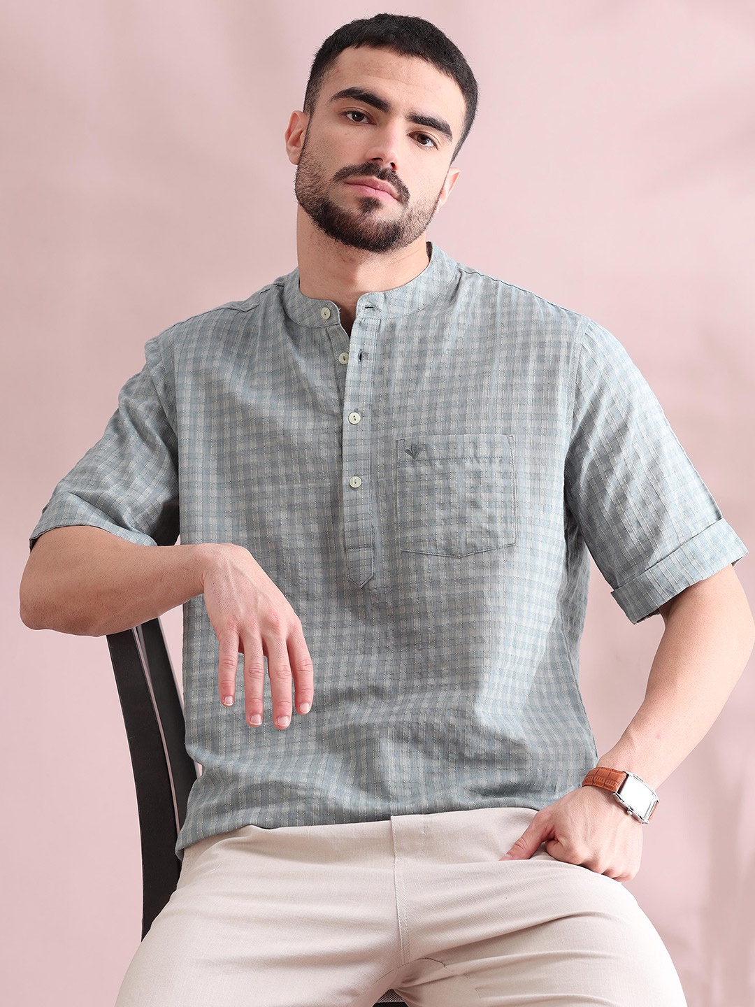 

FILORI Men's Checked Dobby Pure Cotton Kurta, Grey