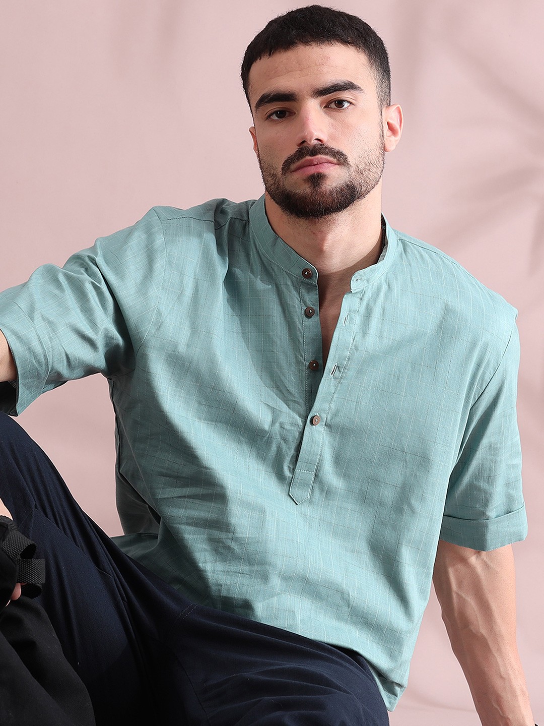 

FILORI Band Collar Pure Cotton Straight Short Kurta, Teal