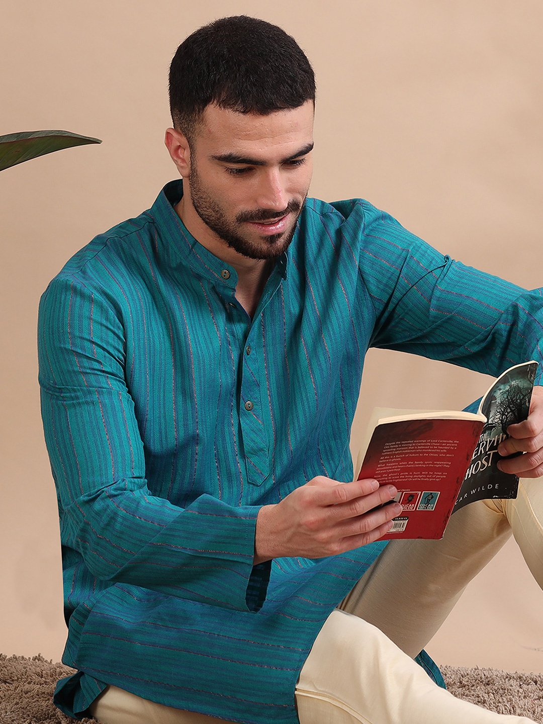 

FILORI Men Striped Pure Cotton Straight Kurta, Blue