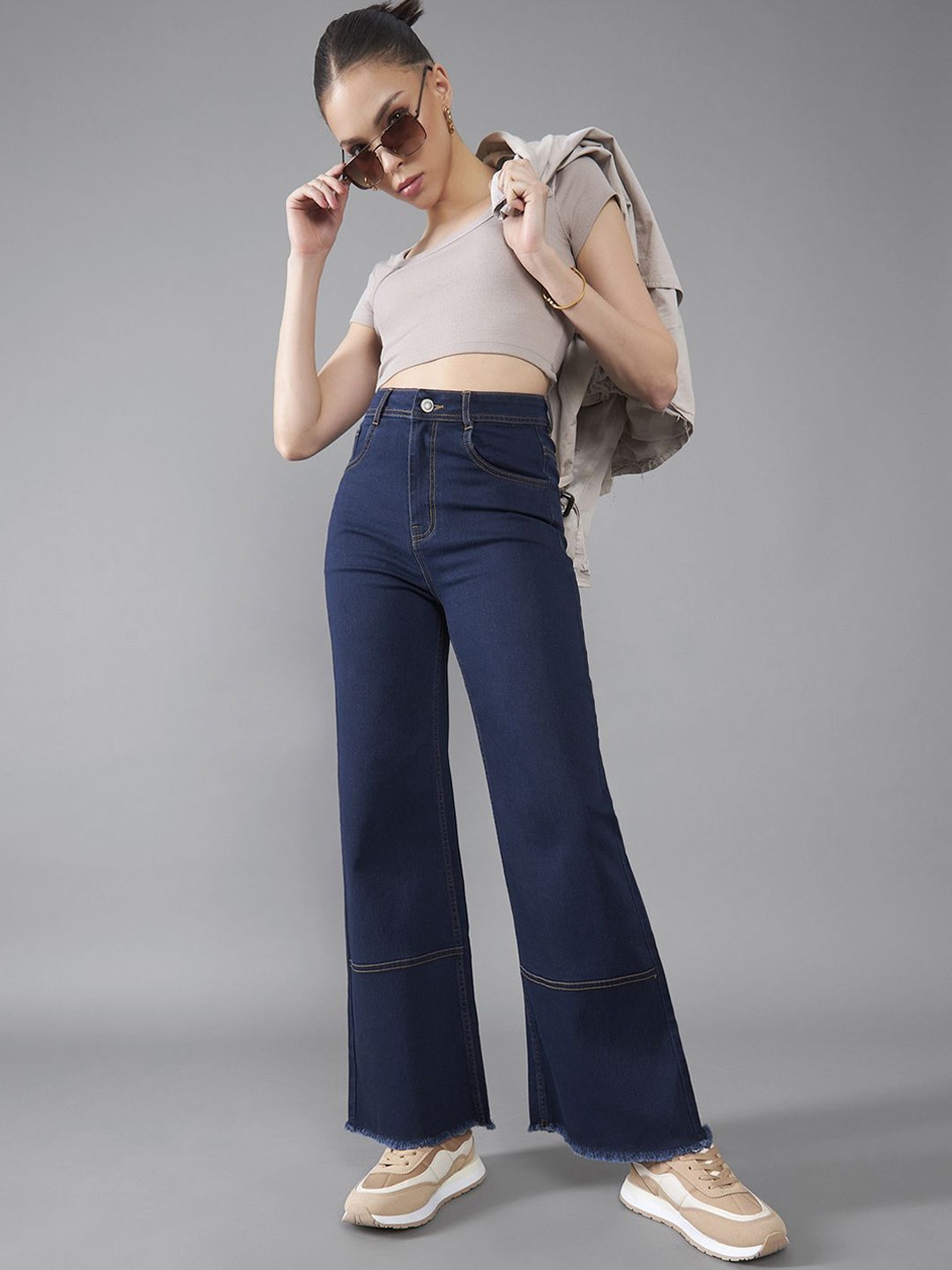 

DOLCE CRUDO Wide Leg High Rise Clean Look Regular-Length Stretchable Denim Jeans, Blue