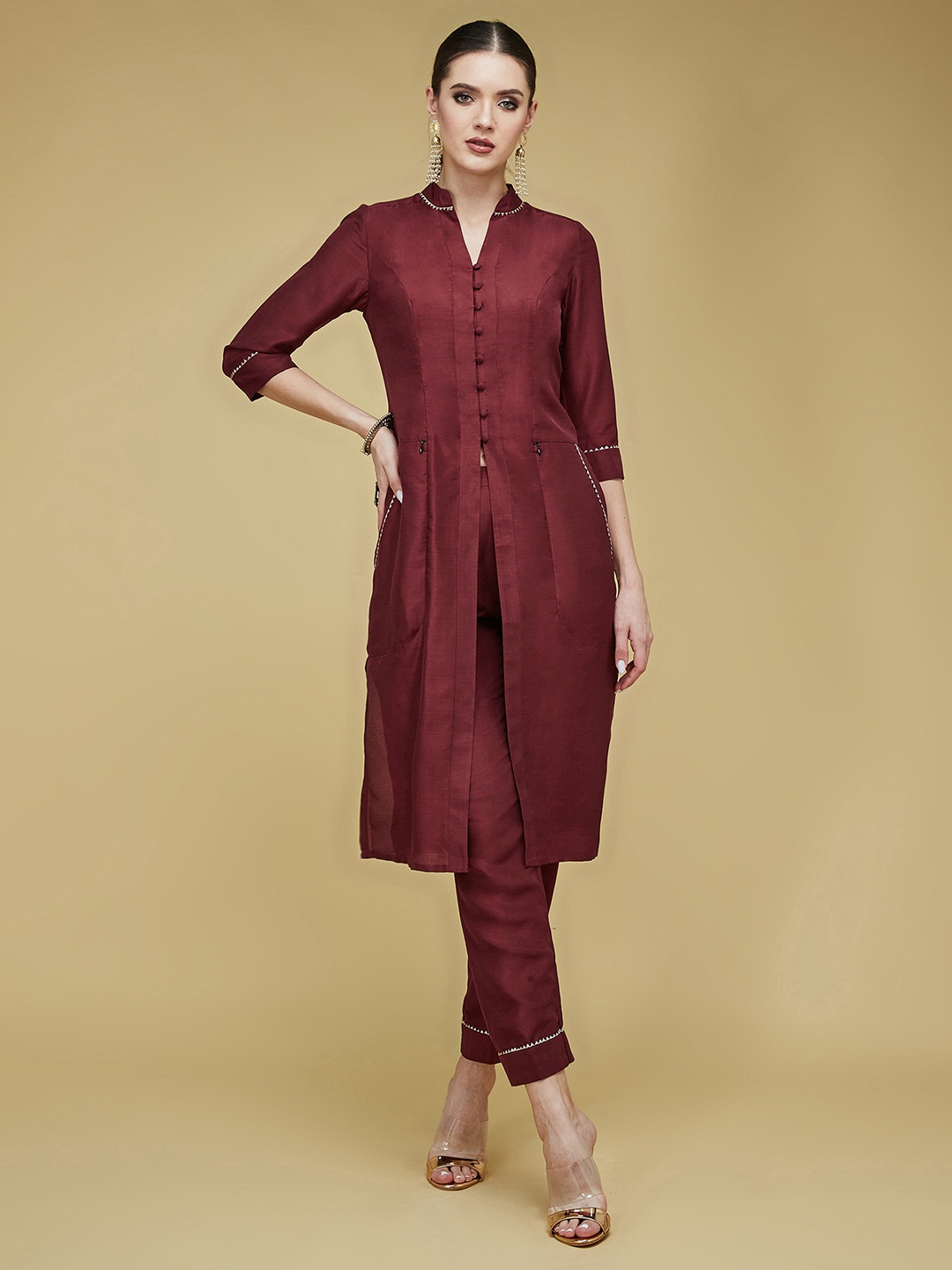 

all about you Women's Mandarin Collar Rayon Silk Paneled Kurta Set, Maroon