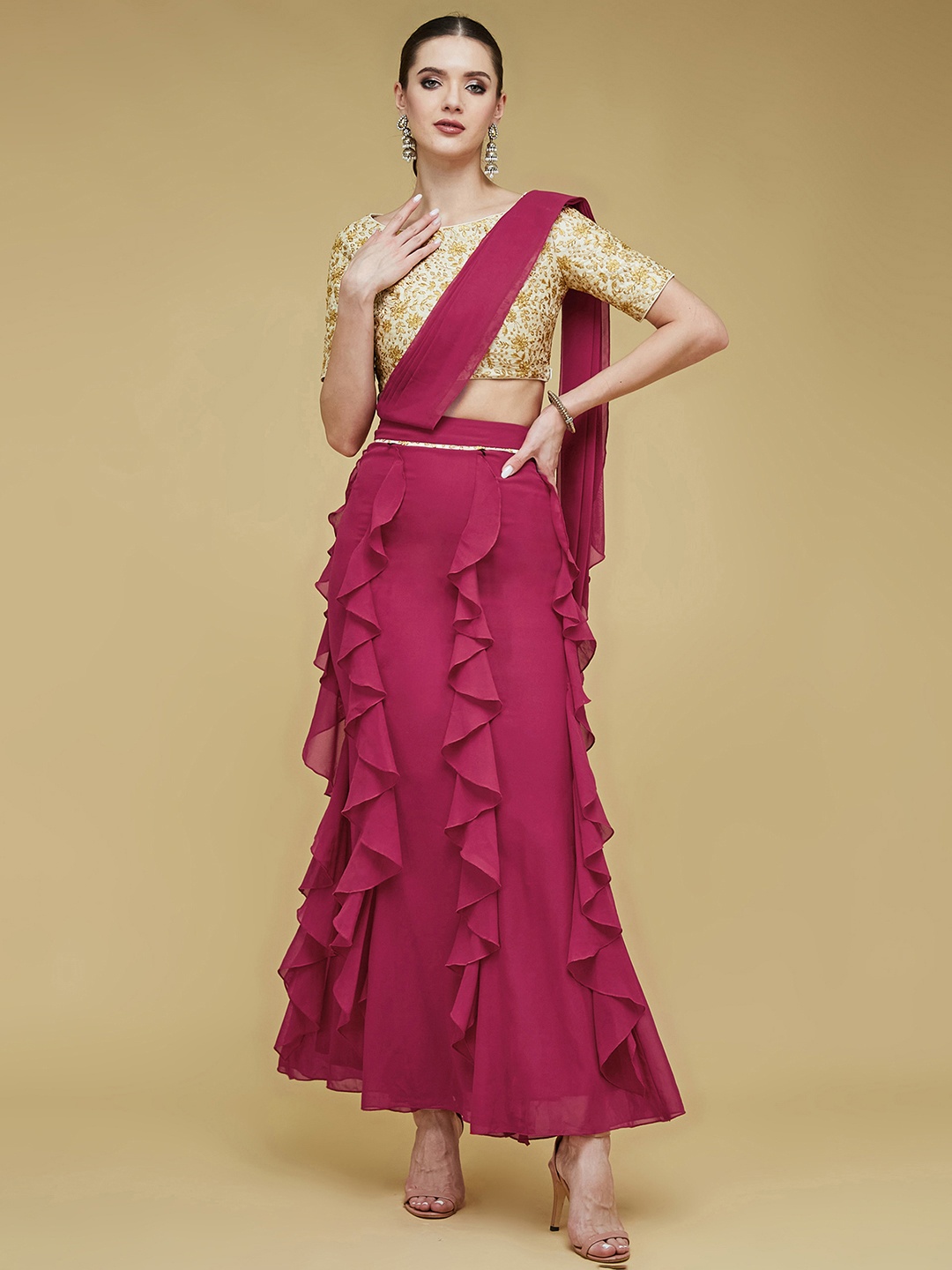 

All About You Women Embroidered Boat Neck Front Pocketed Frilled Co-Ord Set, Maroon