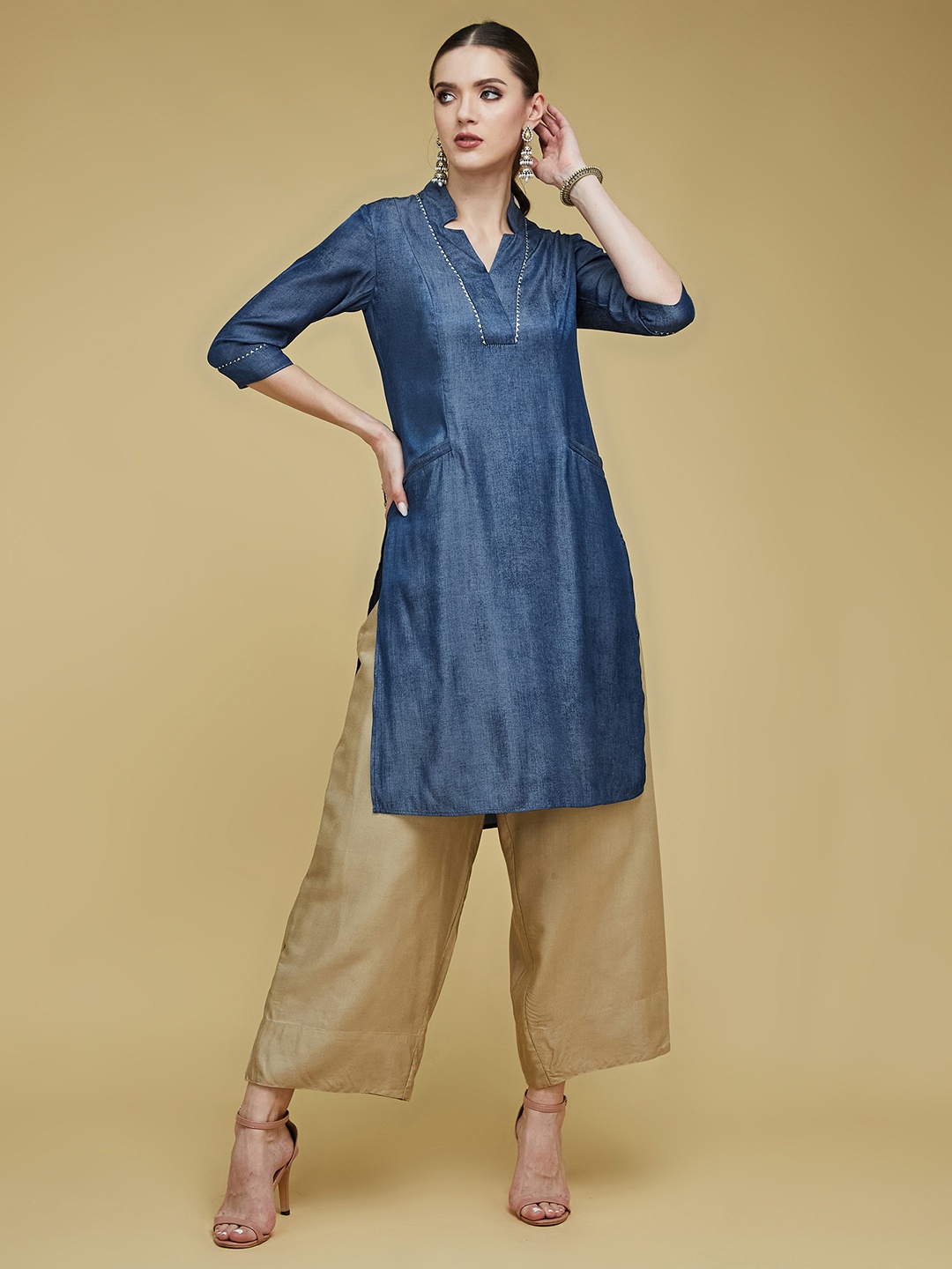 

all about you Women Stand Collar Solid Knee-Length Polyester Kurta, Blue