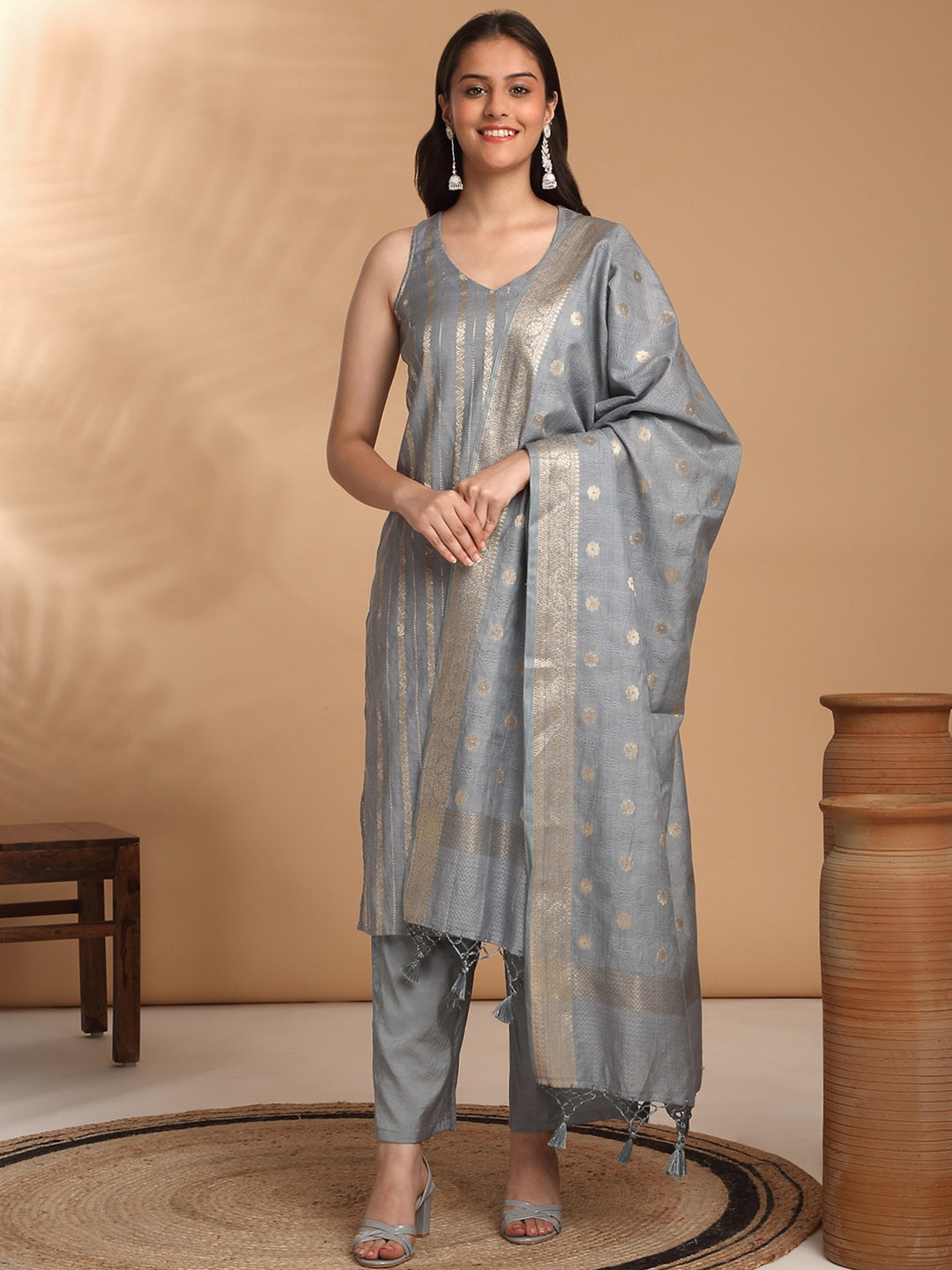 

Likha Brocade Printed V Neck Straight Kurta with Pyjamas & Dupatta, Grey