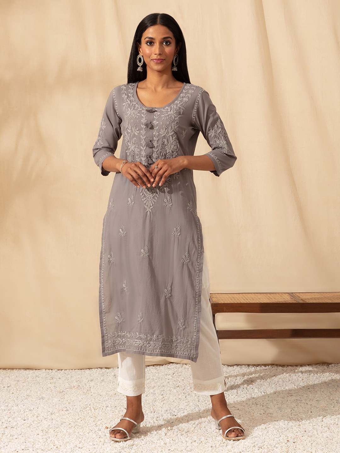 

Likha Floral Embroidered Chikankari Straight Kurta with Trousers & Dupatta, Grey