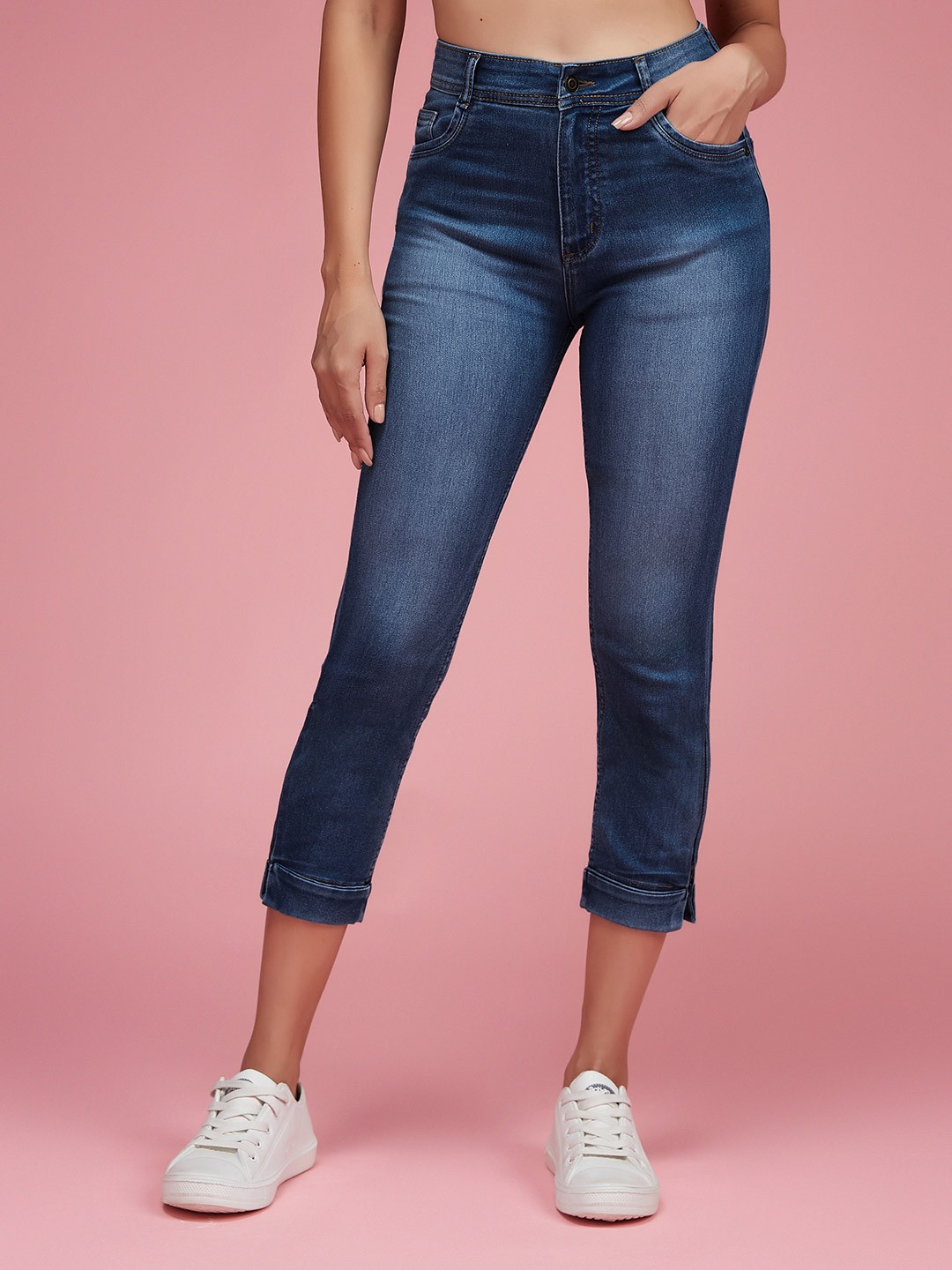 

DressBerry Skinny Fit High Rise Ankle Length Acid Wash Blast Effect Stretchable Jeans, Blue