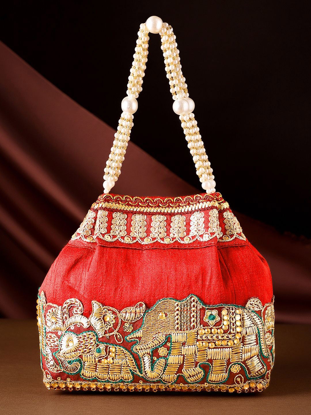

Rubans Red Embroidered & Green Border Potli Bag with Pearl Handle