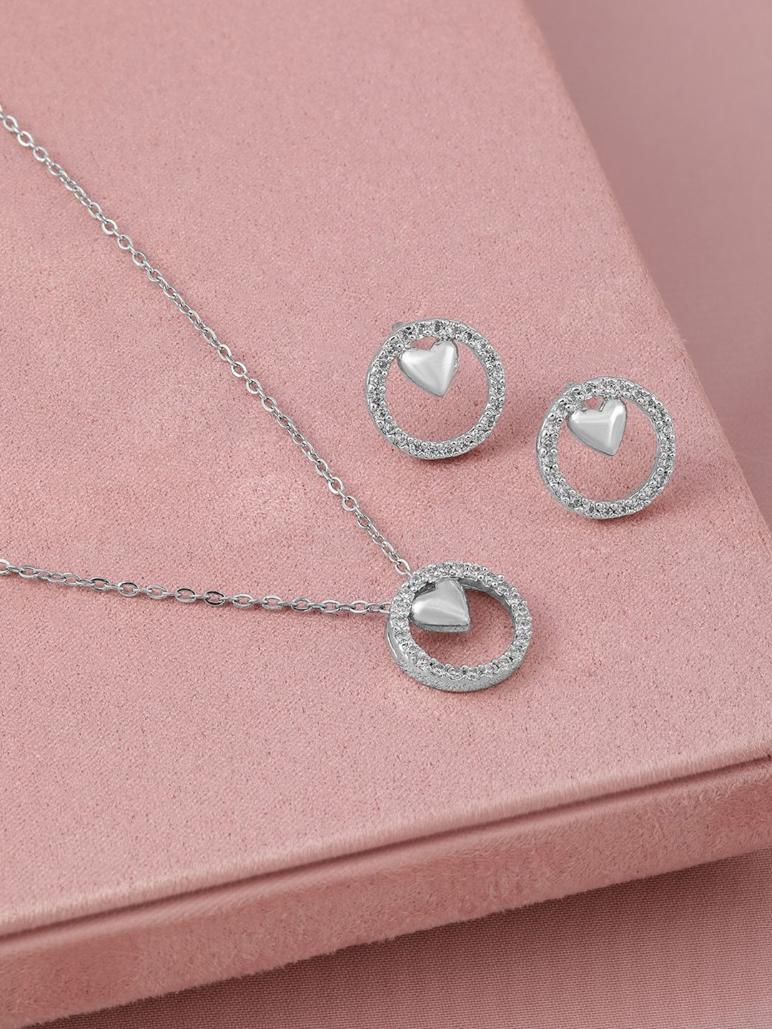 

Rubans Rhodium-Plated AD & Cubic Zirconia Studded Circle Heart Charm Pendant Necklace Set, Silver