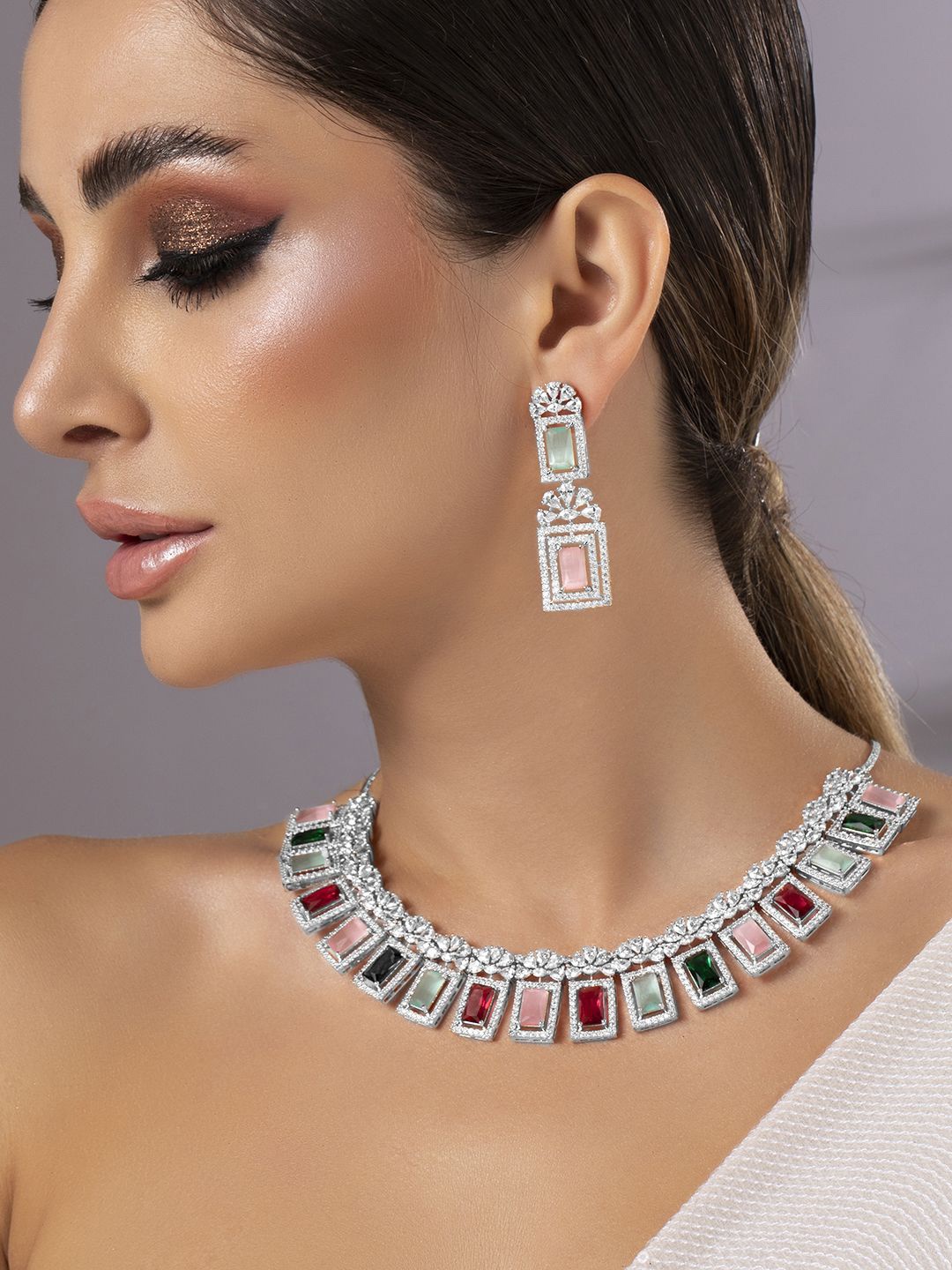 

Rubans Rhodium-Plated Multicolor Gemstone & Cubic Zirconia Studded Statement Jewellery Set, Silver