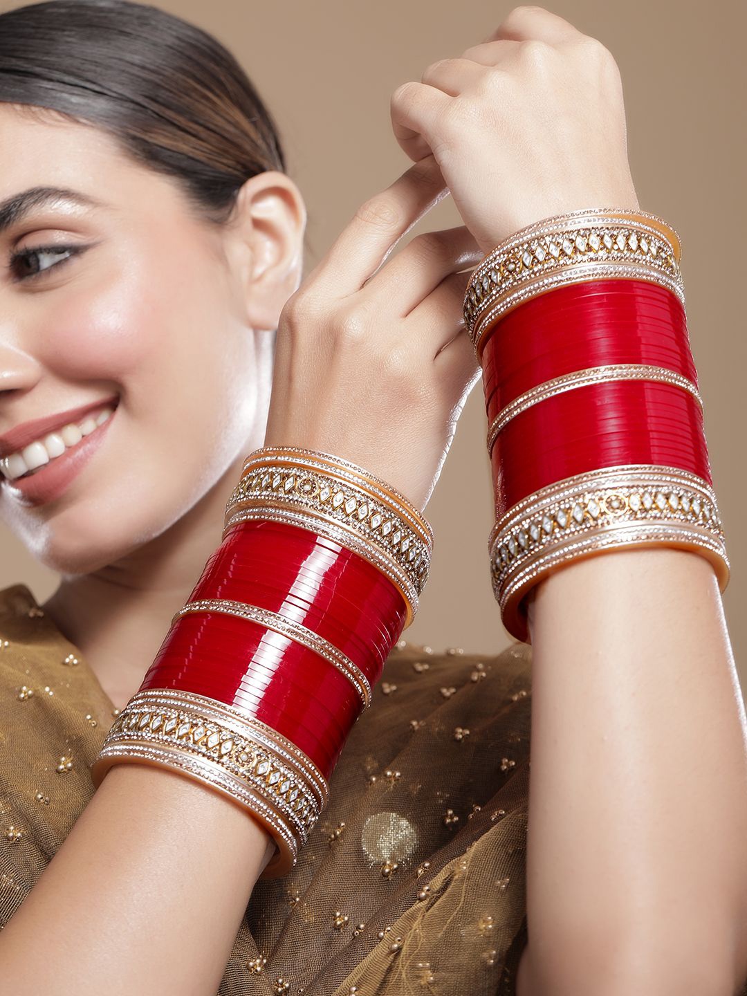 

Rubans Set of 74 Gold-Plated Red Bridal Chura Bangles with Kundan and Stone Detailing