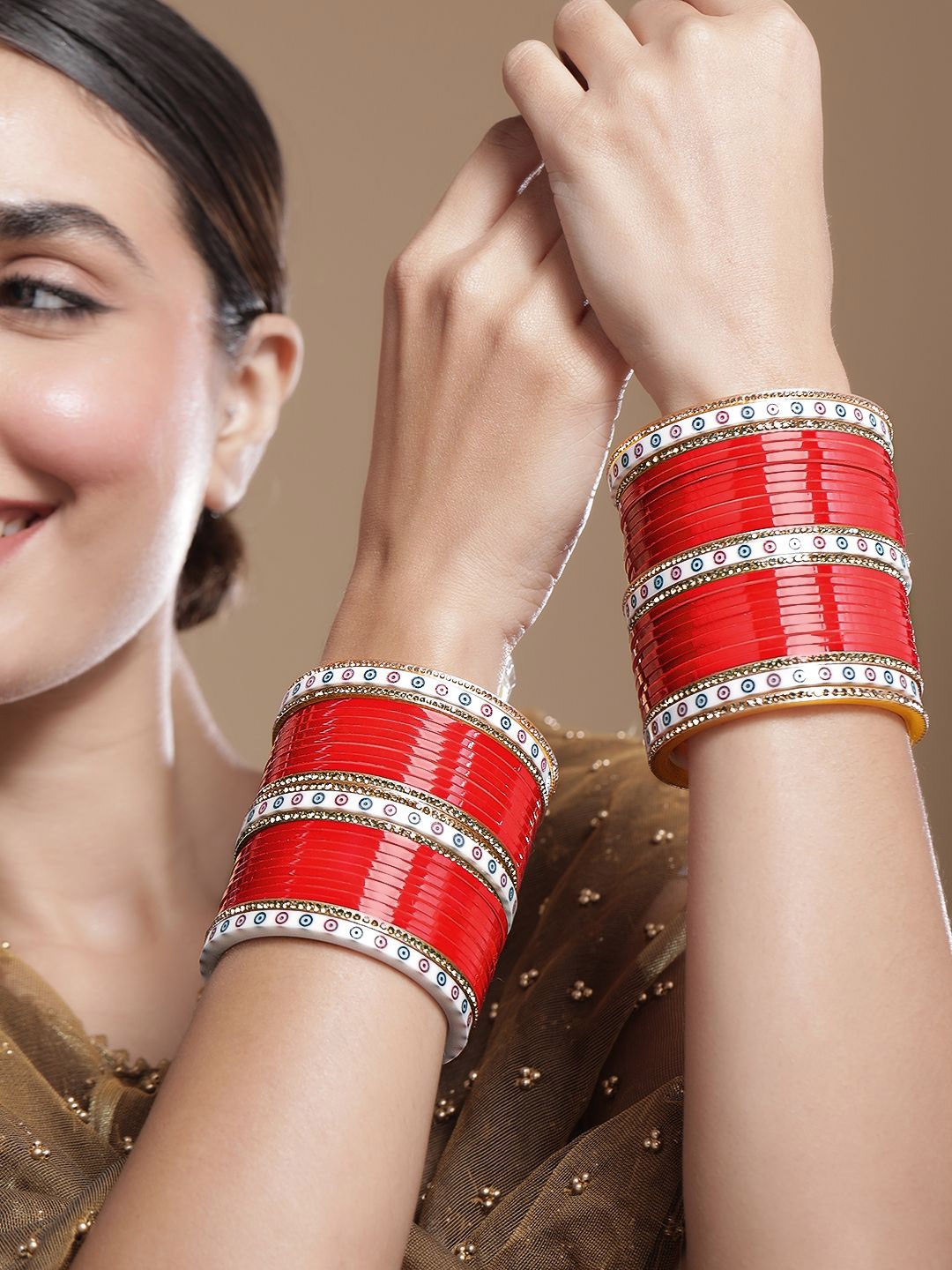 

Rubans Set of 70 Gold-Plated Red Bridal Chura Bangles with Stone Embellishments