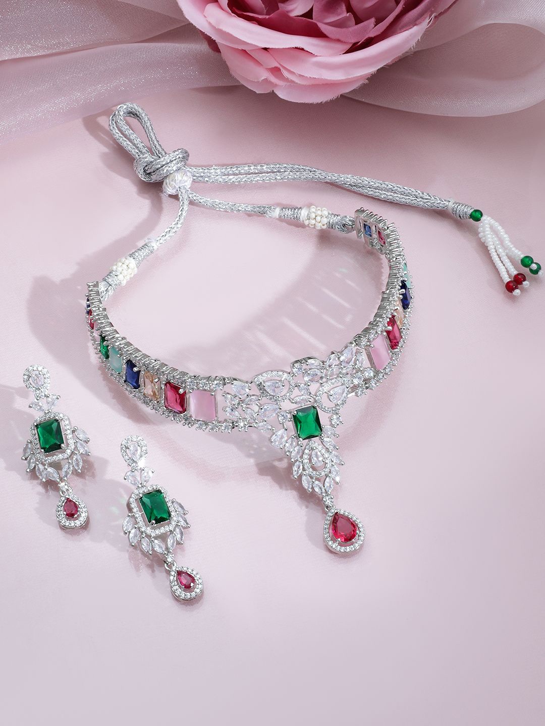 

Rubans Rhodium-Plated Multicolor Gemstone & Cubic Zirconia Studded Choker Necklace Set, Silver