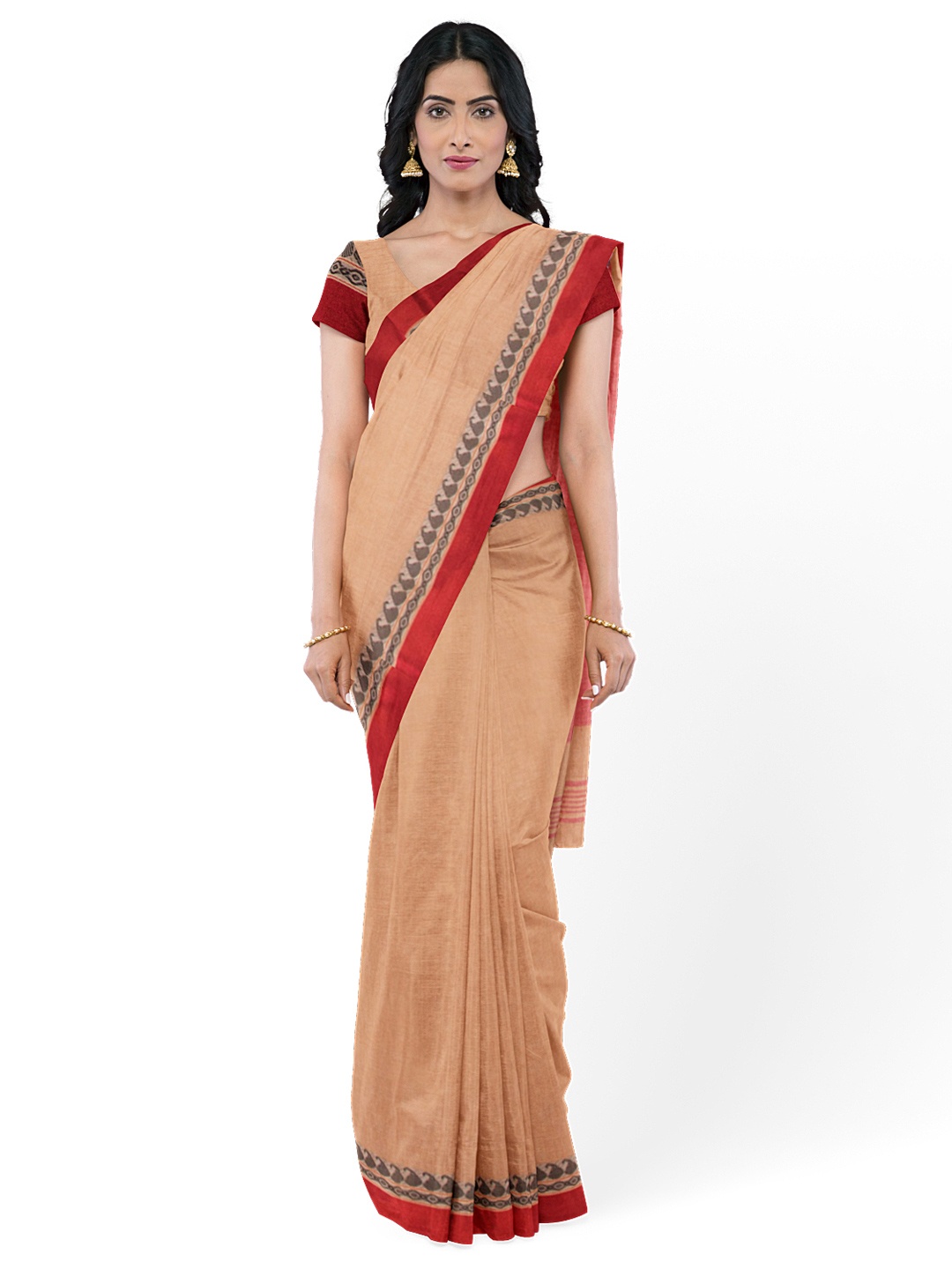 

Avishya Floral Printed Zari Pure Cotton Taant Saree, Beige