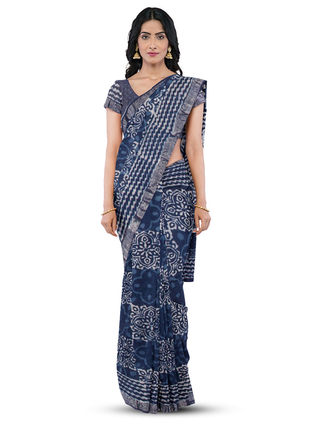 

Avishya Printed Zari Pure Linen Block Print Saree, Red