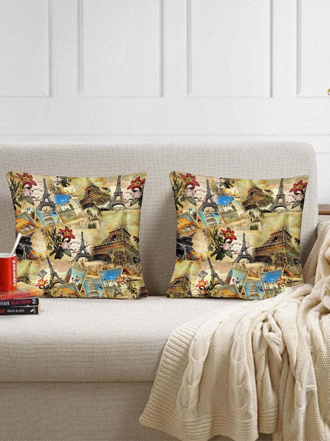 

Lushomes Green & Blue Floral Eiffel Tower Printed Square Cushion Covers
