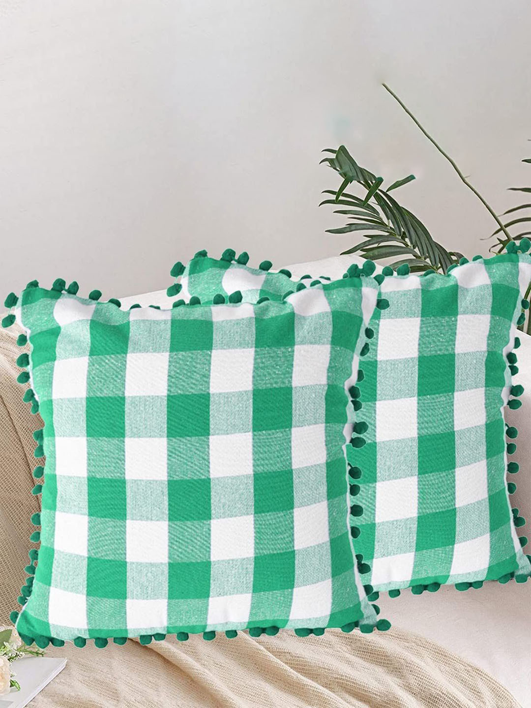 

Lushomes Green & White 2 Pieces Checked Square Cushion Covers With Pom Pom