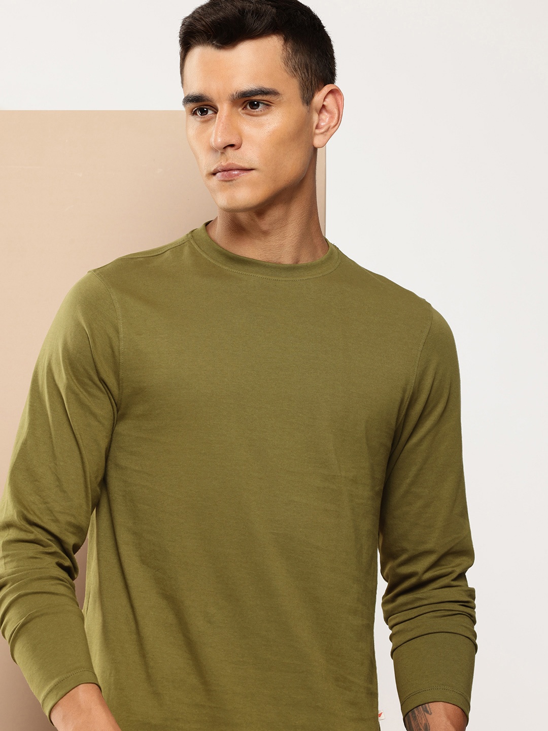

INVICTUS Long Sleeves Pure Cotton T-shirt, Olive