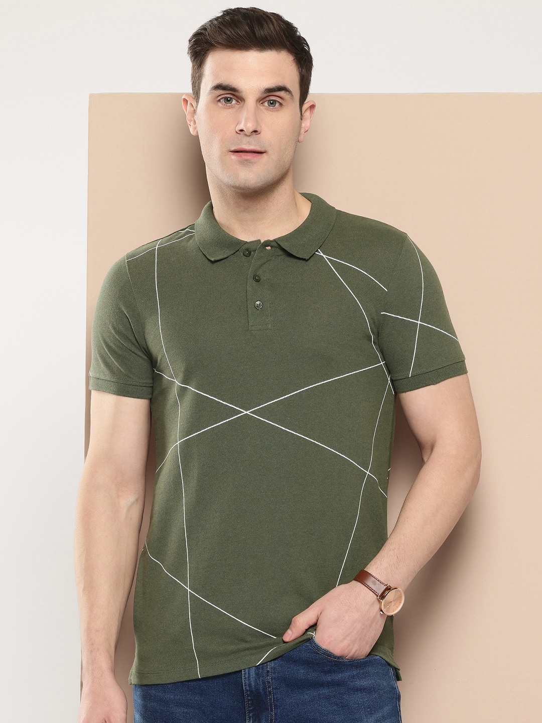 

INVICTUS Abstract Print Polo Collar T-shirt, Olive