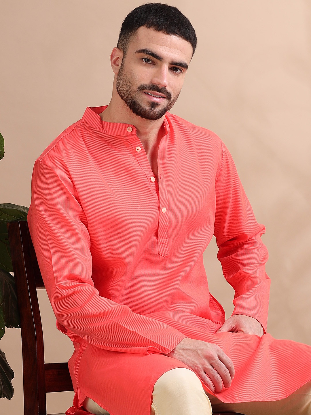 

FILORI Men Striped Long Kurta, Peach