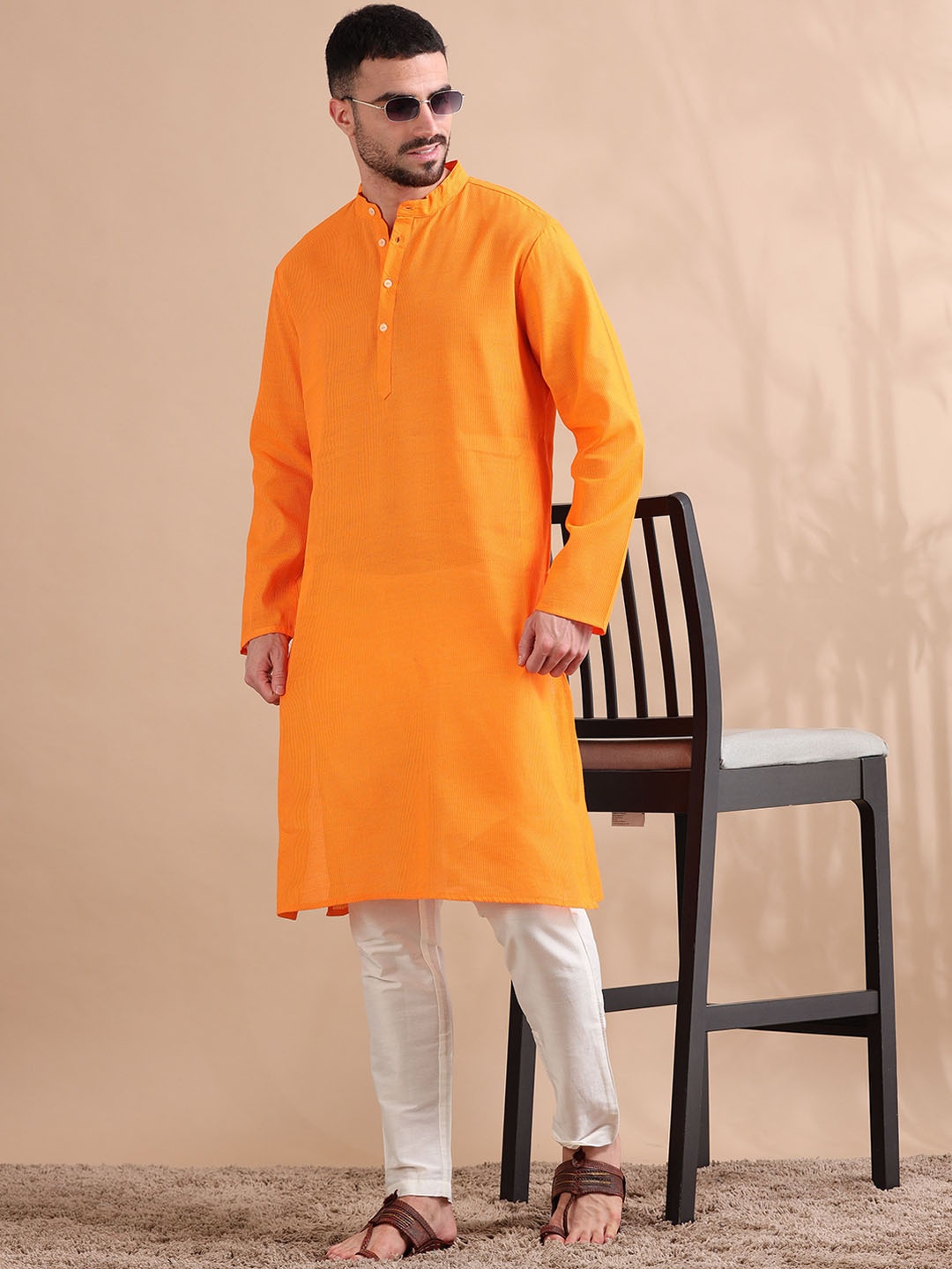 

FILORI Men Striped Long Kurta, Yellow