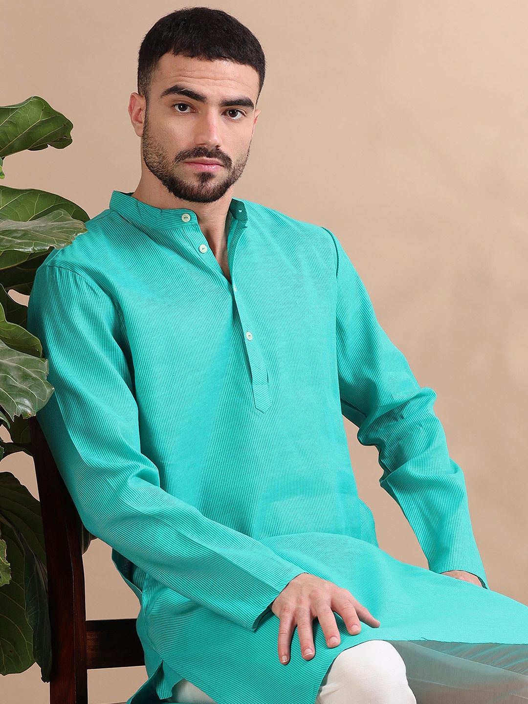 

FILORI Men Striped Long Kurta, Green
