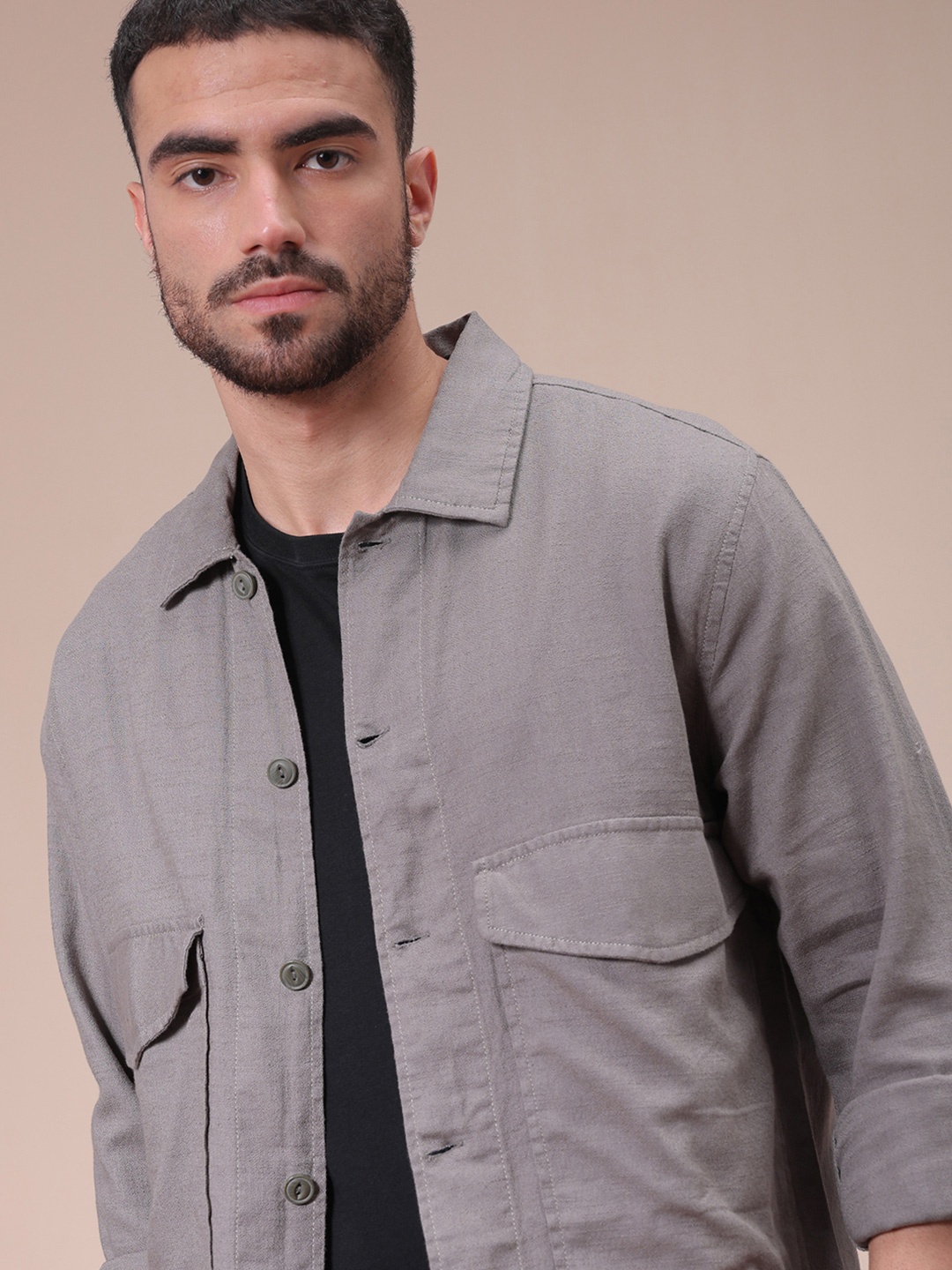

The Indian Garage Co Men Regular Fit Solid Double Flap Pocket Resortwear Overshirt, Grey