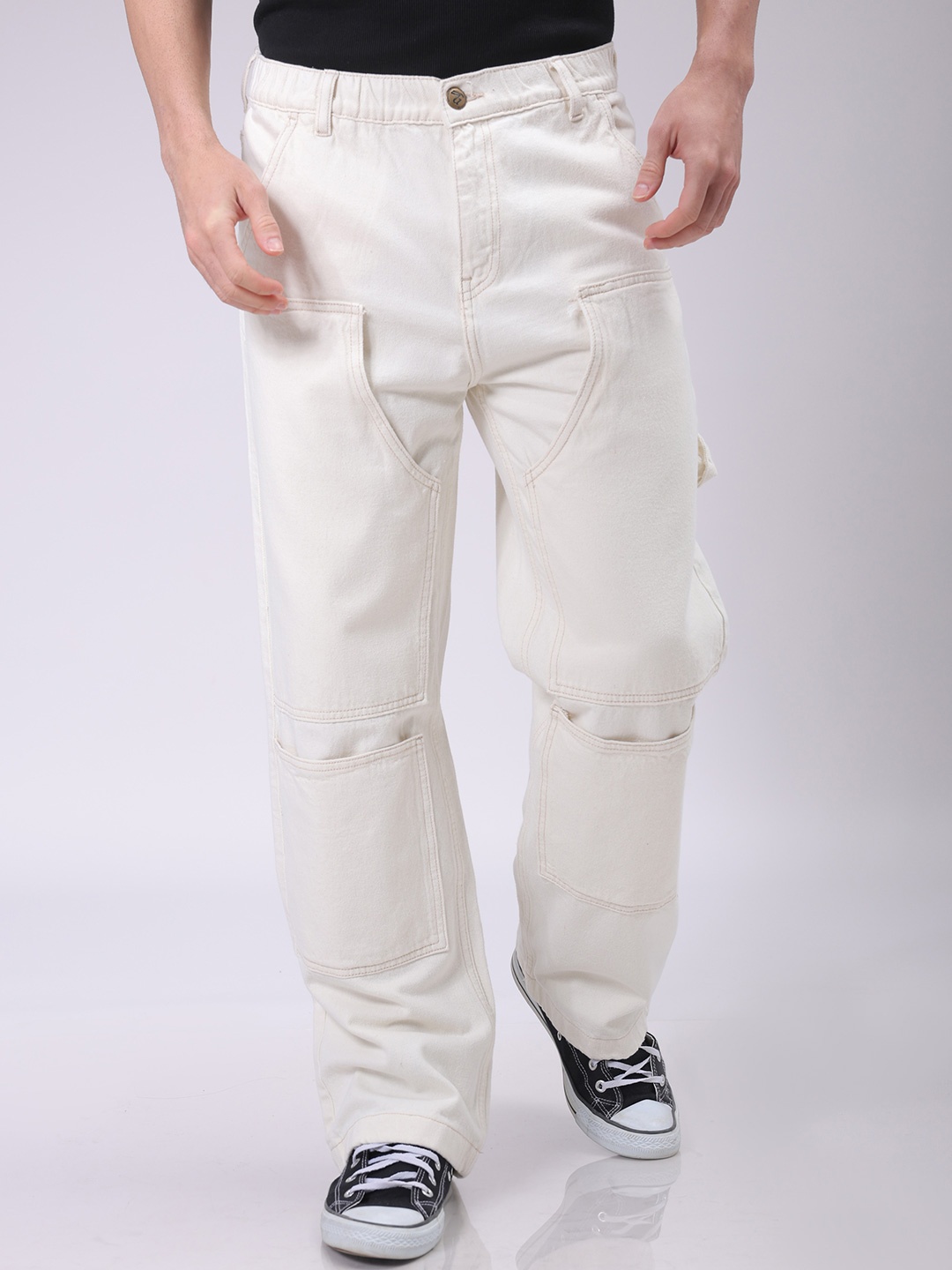 

The Indian Garage Co Men Mid-Rise Loose Baggy Fit Elasticated Wasit Cargo Jeans, White