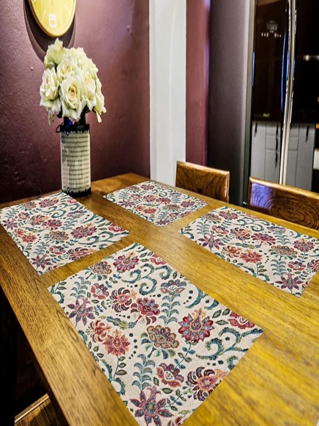 

PRAKARTIK Set of 4 Off-White & Pink Printed Heat Resistant Dining Table Mats