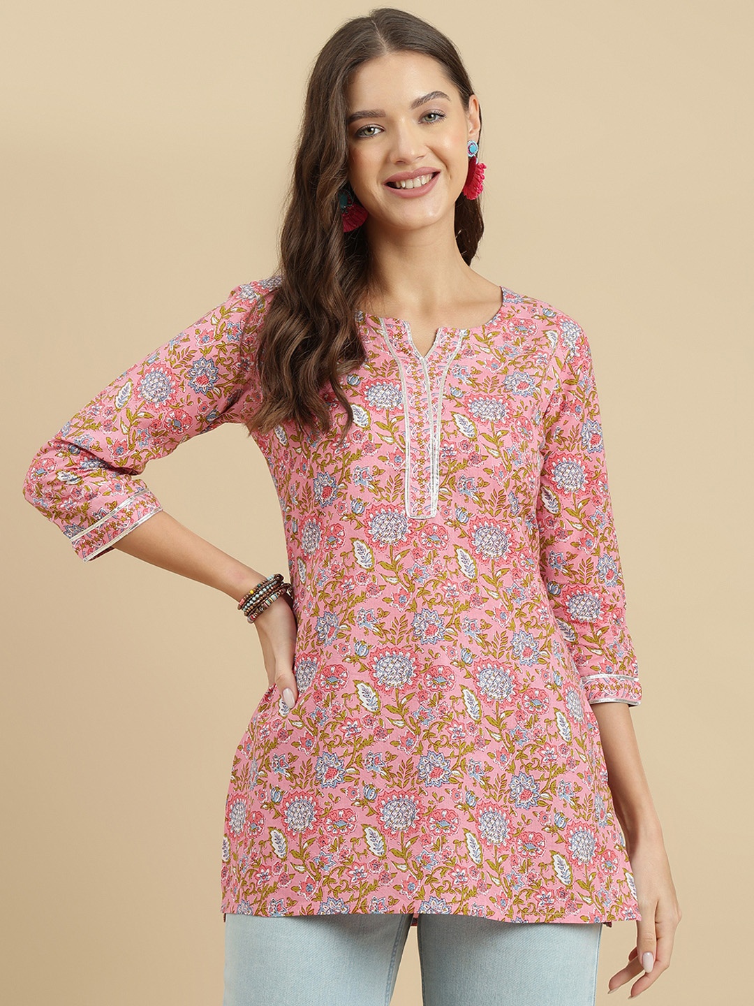

KALINI Women Floral Printed V-Neck Cotton Top, Pink