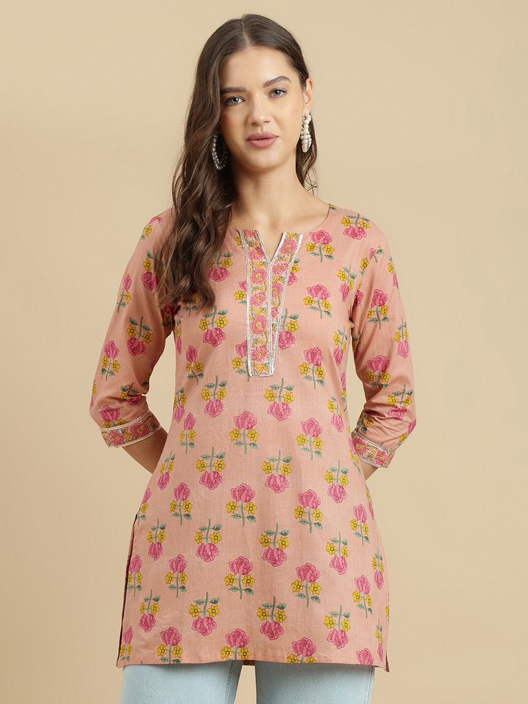 

KALINI Women Floral Printed V-Neck Cotton Top, Peach
