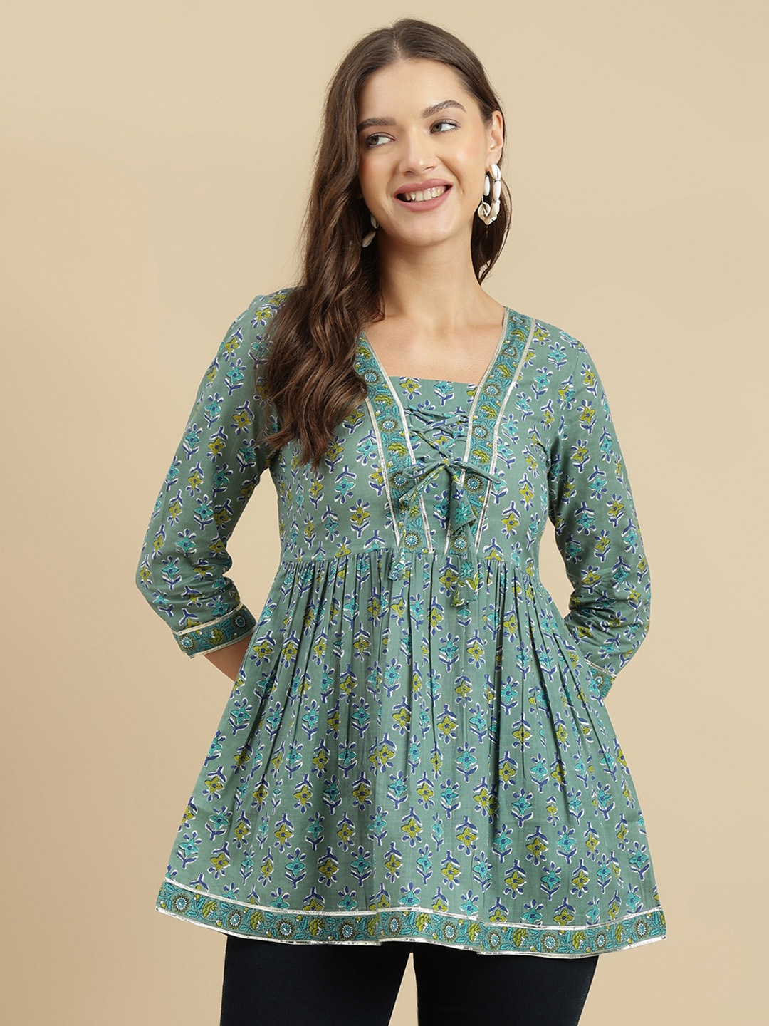 

KALINI Women Floral Printed Square Neck Cotton Top, Sea green