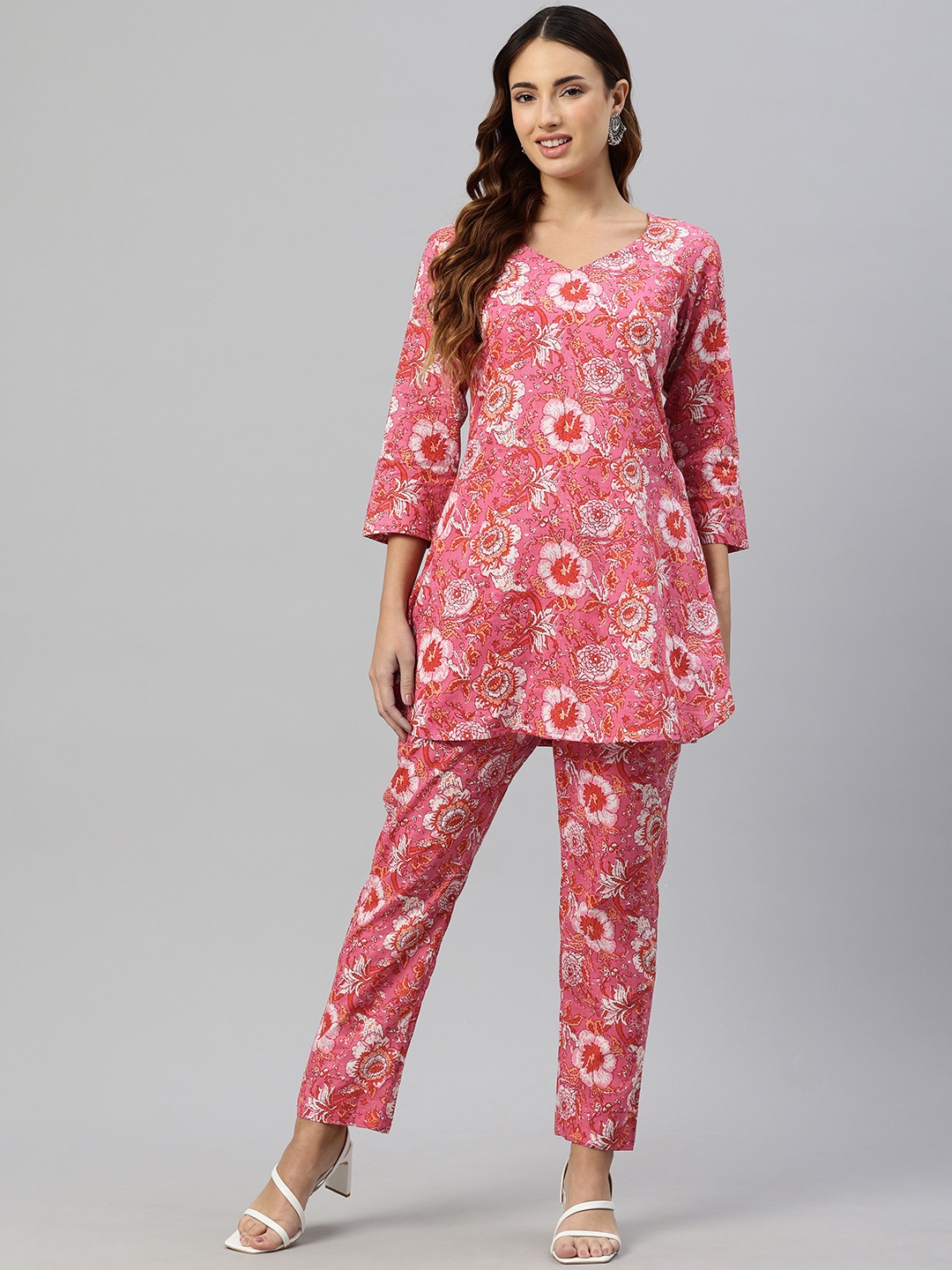 

KALINI Floral Printed Pure Cotton Co-Ords, Pink