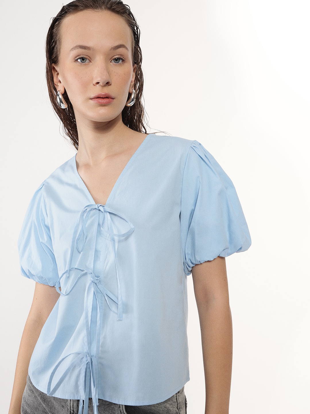 

H&M Cotton Tie Blouse, Blue