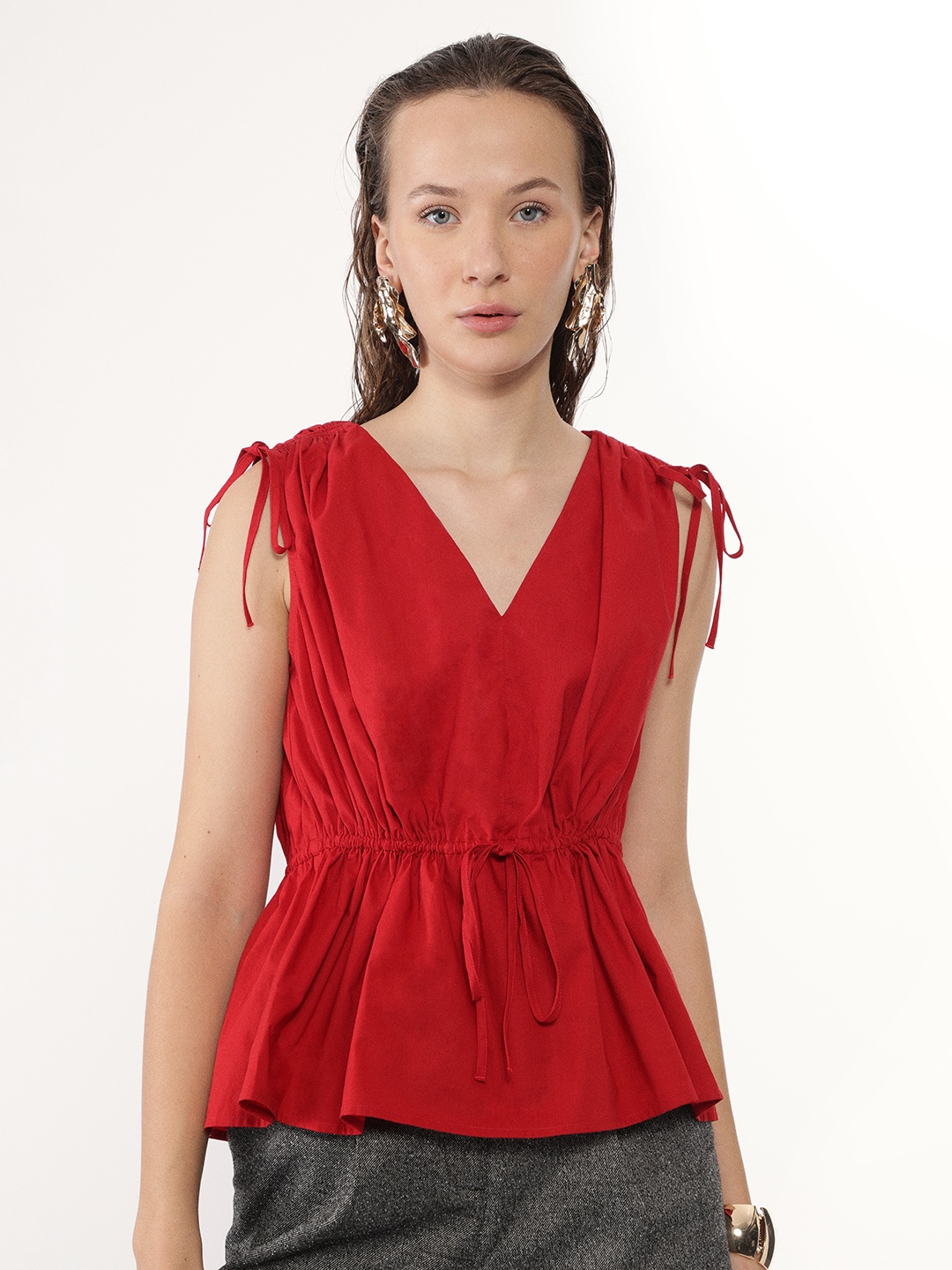 

H&M Cotton Poplin Rushed Top, Red